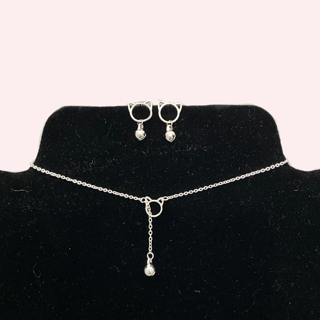 Lariat Necklace & Cat Head Earrings