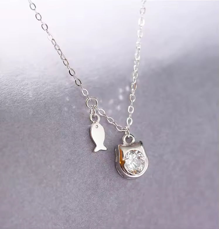 Sterling Silver Crystal Cat Head Necklace