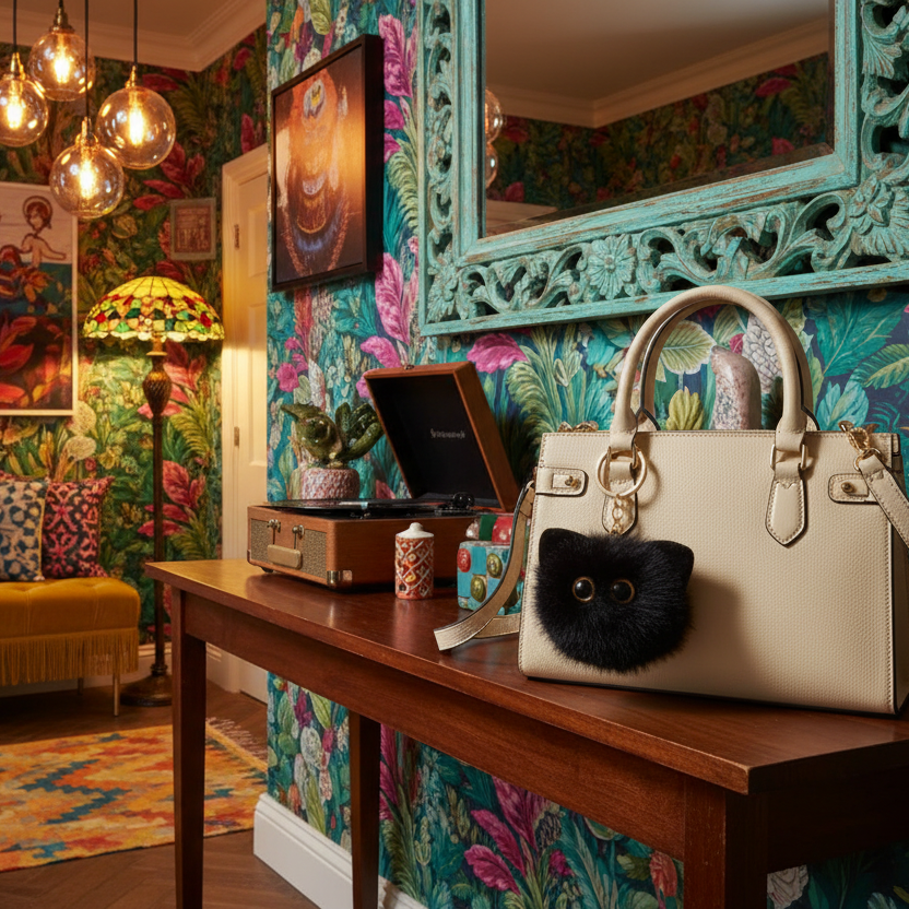 Adorable Black Cat Fuzzy purse charm hangs on the outside of a cream colored handbag on an entryway table in an eclectic design house.