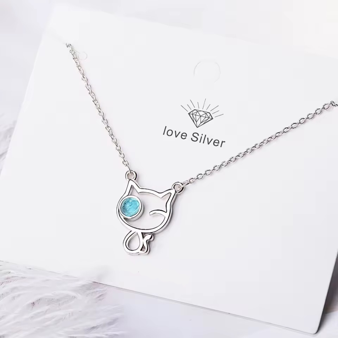 Sterling Silver Blue Eyed Winking Cat Necklace