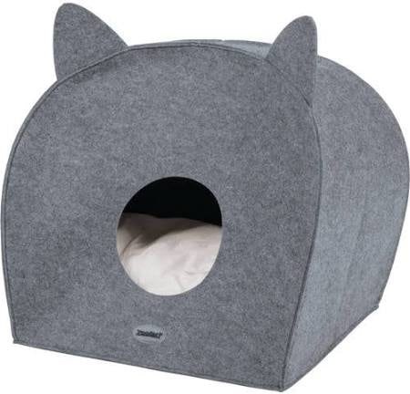 Gray felt cat bed shaped like a Cat Head with a comfortable white pillow insert