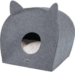 Gray felt cat bed shaped like a Cat Head with a comfortable white pillow insert