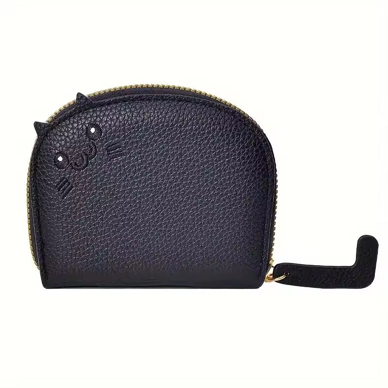 Black textured cat shaped  coin purse with a gold zipper on a white background