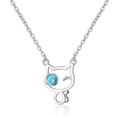 Sterling Silver Blue Eyed Winking Cat Necklace
