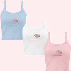 Blue white and pink variations of a tank top with a design on the front. Hot Girls Love Cats with a kitten playing with a ball of yarn