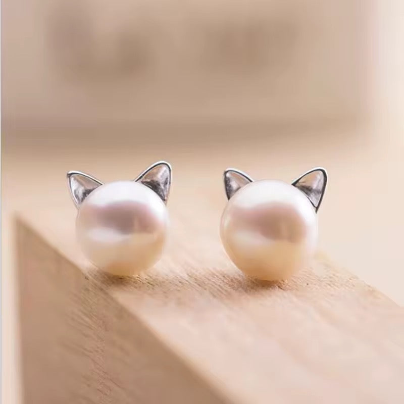 Dainty Sterling Silver Cat Ear Pearls