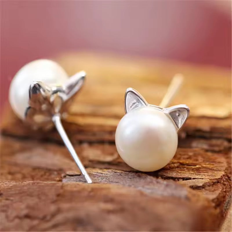 Dainty Sterling Silver Cat Ear Pearls