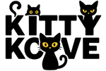 three silly black cats with yellow eyes crawl over and around the name of the store Kitty Kove