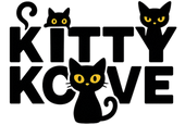 three silly black cats with yellow eyes crawl over and around the name of the store Kitty Kove