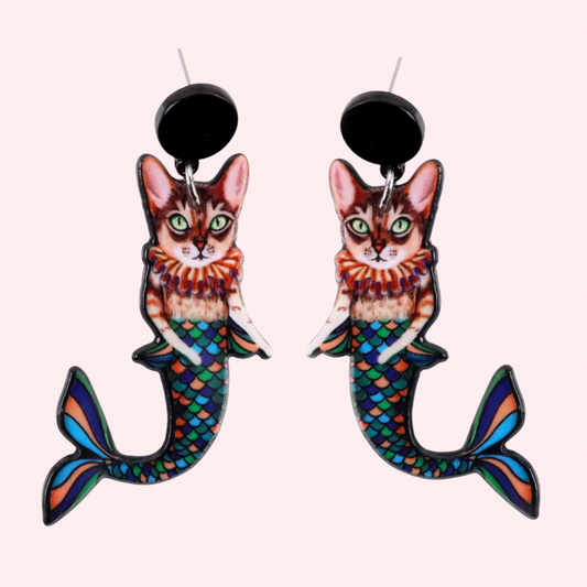 Earrings with funny Cats wearing mermaid tails with Elizabethan collars