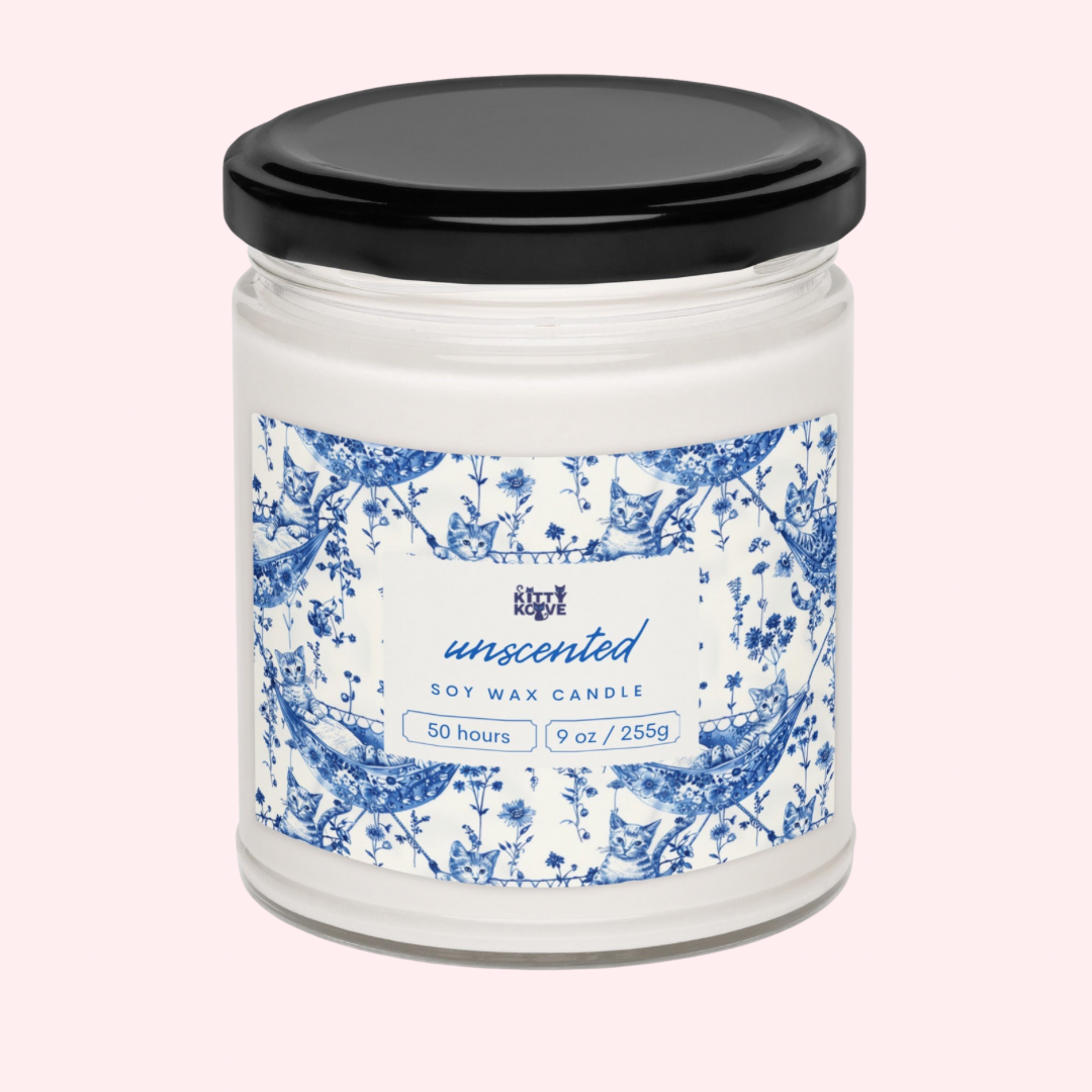 Cat safe candle in a glass jar with a black metal lid. Unscented.