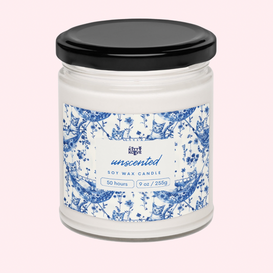 Cat safe candle in a glass jar with a black metal lid. Unscented.