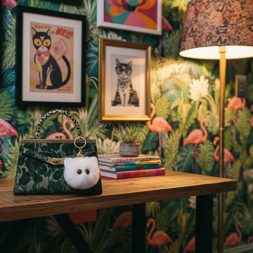 Green handbag with white cat charm on a wooden table against a colorful flamingo wallpapered wall.